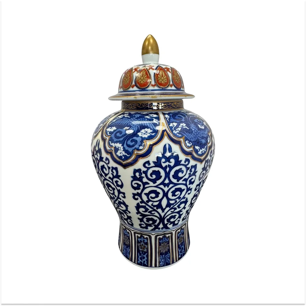 Vintage Toyo Japan Gold Imari Porcelain Ginger Jar Lidded Vase Cobalt Blue 11
